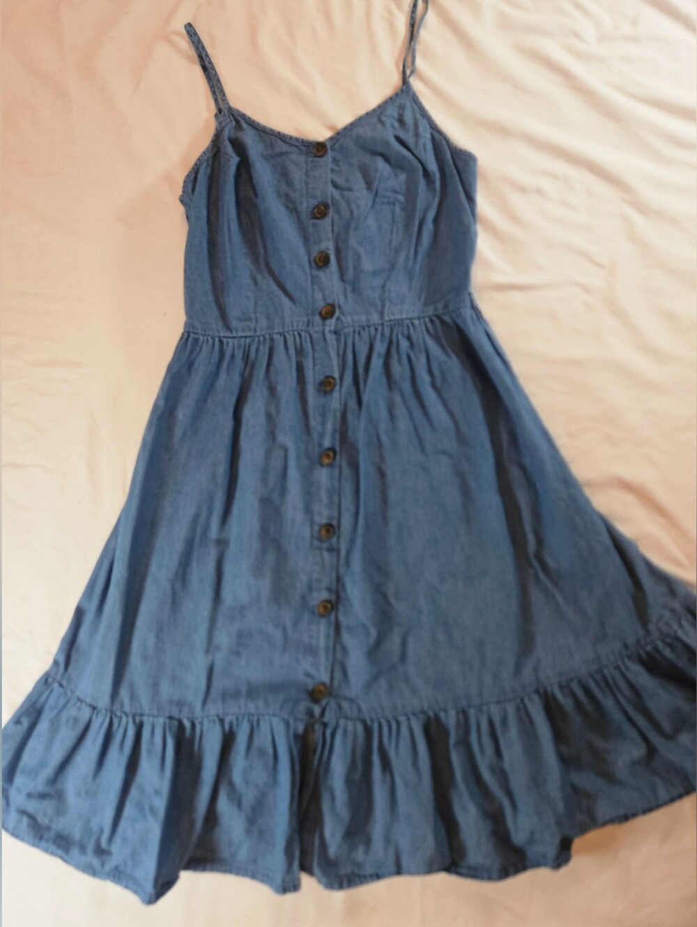 Japna Womens Blue Denim Adjustable Thin Strap Button Front Ruffle Dress Size M - Picture 2 of 14